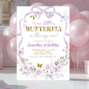 Invitation Arc-en-ciel floral violet papillon Coquette 1er an