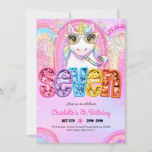 Invitation Arc-en-ciel Licorne Paillettes Anniversaire 7 Ans