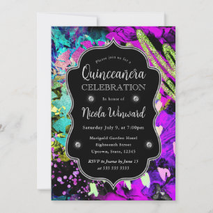 Invitation Arc-en-ciel Néon Abstrait Paillettes Quinceanera