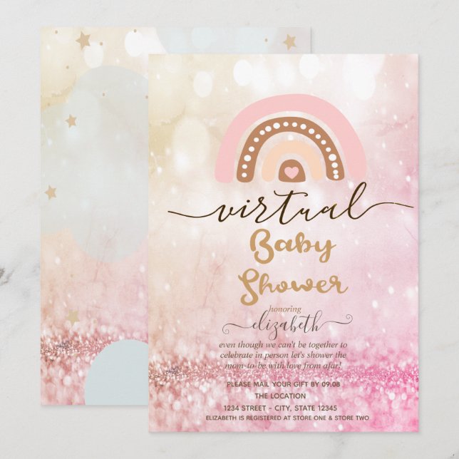 Invitation Arc-en-ciel, Nuages Étoiles Bokeh Baby Shower Virt (Devant / Derrière)