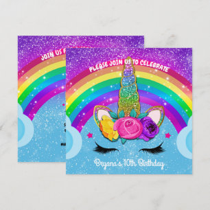 Invitation Arc-en-ciel Paillettes Licorne Corne Visage Fête