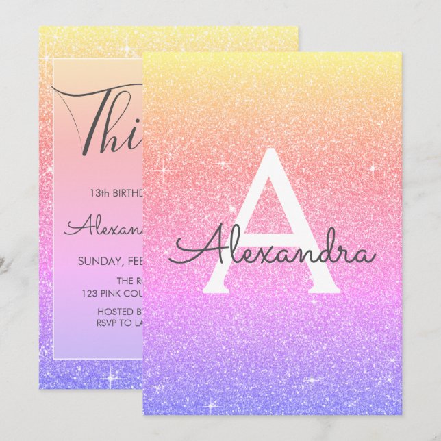 Invitation Arc-en-ciel Parties scintillant 13e Treize Anniver (Devant / Derrière)