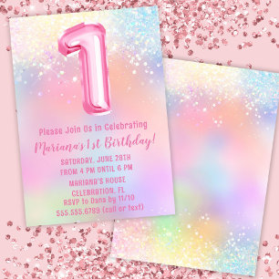 Invitation Arc-en-ciel rose 1er anniversaire