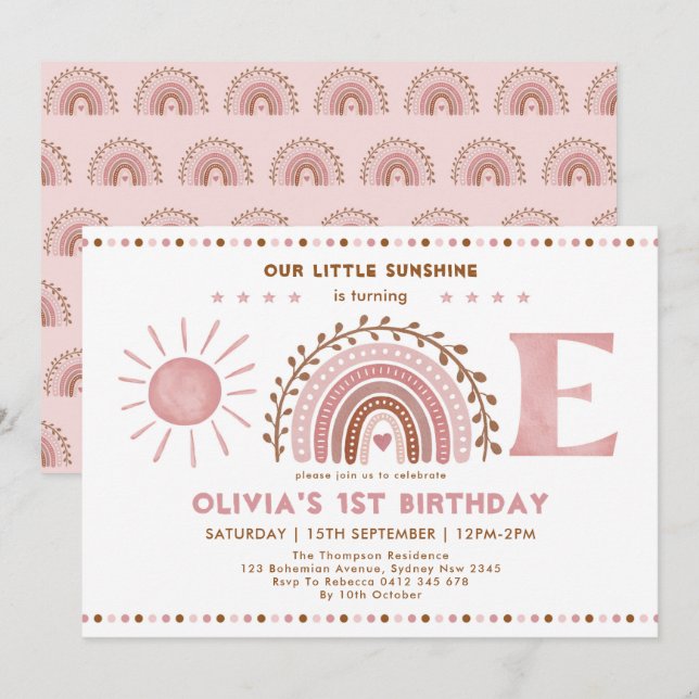 Invitation Arc-en-ciel rose Brown et soleil 1er anniversaire (Devant / Derrière)