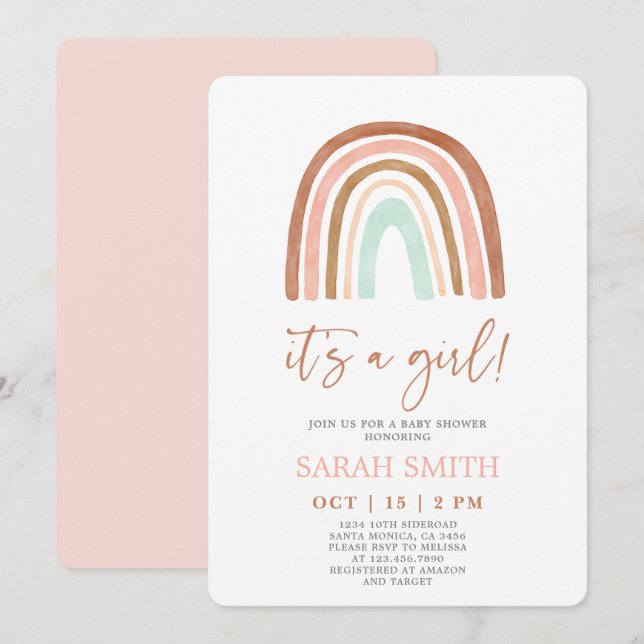 Invitation Arc-en-ciel rose c'est un Baby shower de fille (Devant / Derrière)