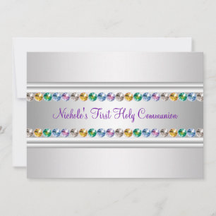 Invitation Arc-en-ciel Strass Violet Blanc Première Communion