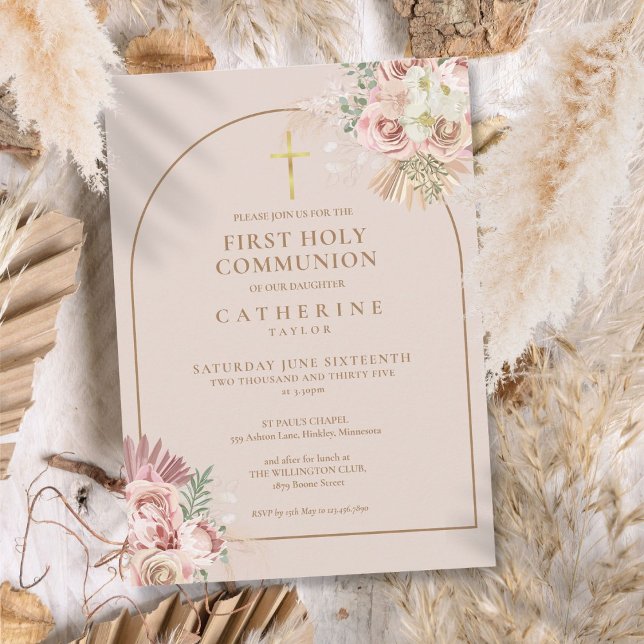 Invitation Arc en or rose Pampas Grass Première Sainte Commun (Pink Gold Arch Pampas Grass First Holy Communion Invitation)
