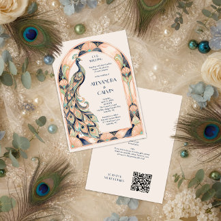 Invitation Arc en paon Art déco pour mariage QR TLW26