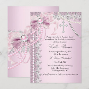 Invitation Arc en perle rose croix Sainte Communion ou Baptêm