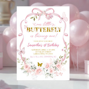 Invitation Arc en ruban floral rose papillon Coquette 1er ann