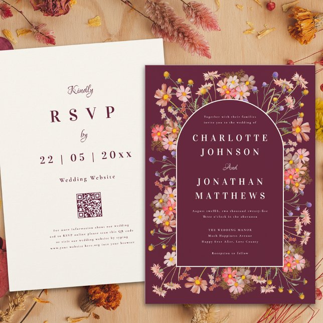 Invitation Arc floral Bourgogne brûlé Mariage de automne oran (Wildflower burgundy terracotta burnt orange fall wedding invitation elegant floral arch and script)