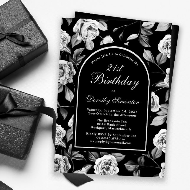 Invitation Arc floral noir blanc Rose 21e anniversaire (Créateur téléchargé)