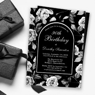 Invitation Arc floral noir blanc Rose 90e anniversaire