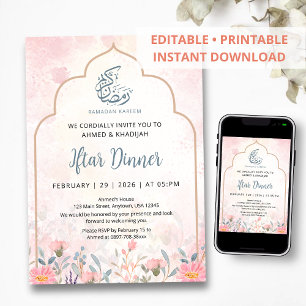Invitation Arc Floral Rose Tendre Iftar Dîner Aquarelle