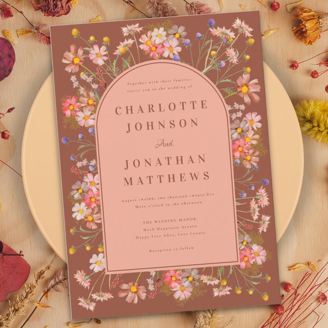 Invitation Arc Floral Terracotta Brûlé Orange Mariage de auto (Boho floral arch terracotta burnt orange peach fall wedding invitation with watercolor wildflowers )