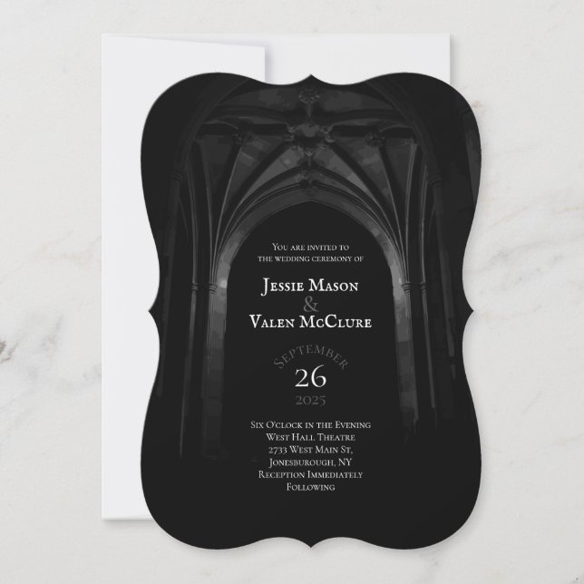 Invitation Arc gothique Mariage élégant Noir et Blanc foncé (Devant)