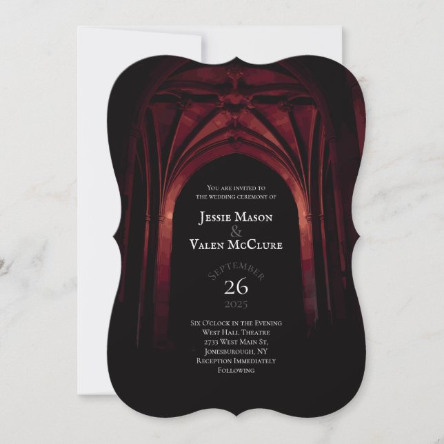 Invitation Arc gothique Mariage élégant Noir Noir Noir Rouge (Devant)