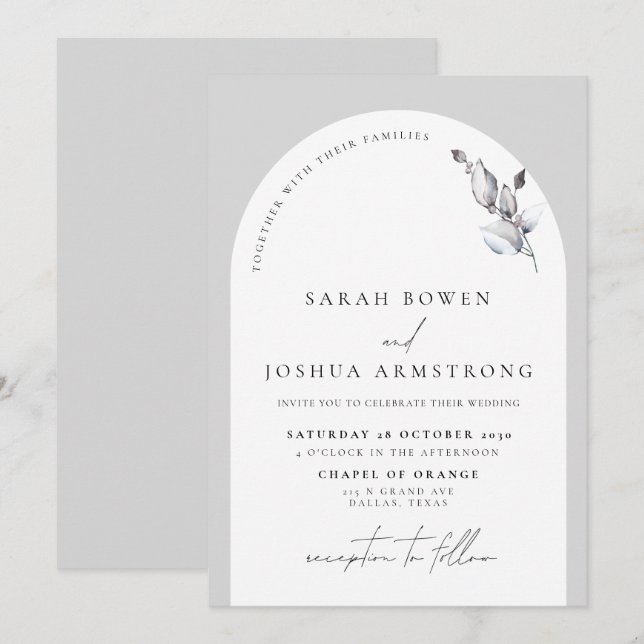 Invitation Arc gris moderne Mariage de script botanique (Devant / Derrière)