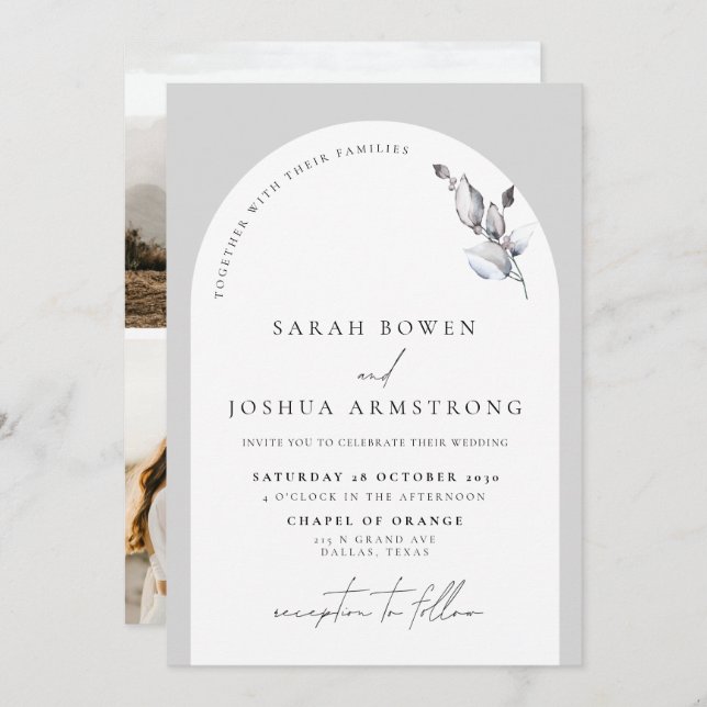 Invitation Arc gris moderne Script botanique 3 Mariage photo (Devant / Derrière)