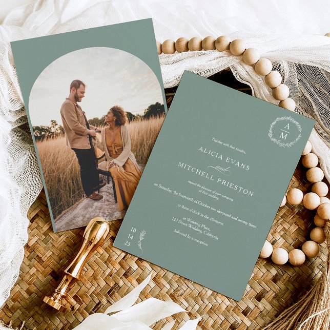 Invitation Arc mariage classique à sauge fleurie vert monogra (Créateur téléchargé)