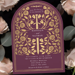 Invitation Arc Mariage d'épée d'or médiévale Mauve