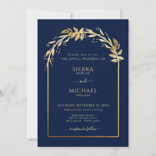 Invitation Arc Mariage élégant bleu marine Golden Foliage