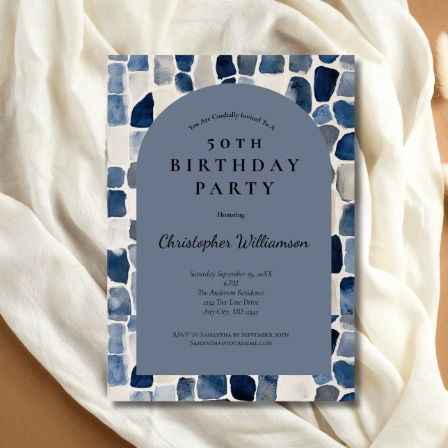 Invitation Arc moderne bleu beige hommes 50e anniversaire (Blue beige abstract watercolor texture pattern 50th birthday party invitation for him or her. )