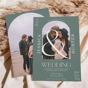 Invitation Arc moderne boho 2 photos mariage sauge vert