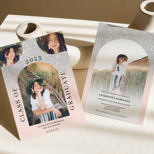 Invitation Arc moderne boho argent rose 4 graduation photo (Créateur téléchargé)