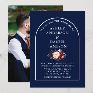 Invitation Arc moderne Bourgogne Floral Bleu Mariage photo