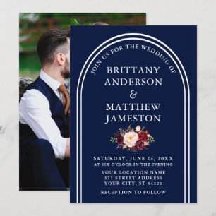 Invitation Arc moderne Mariage Bourgogne Floral Photo Bleu