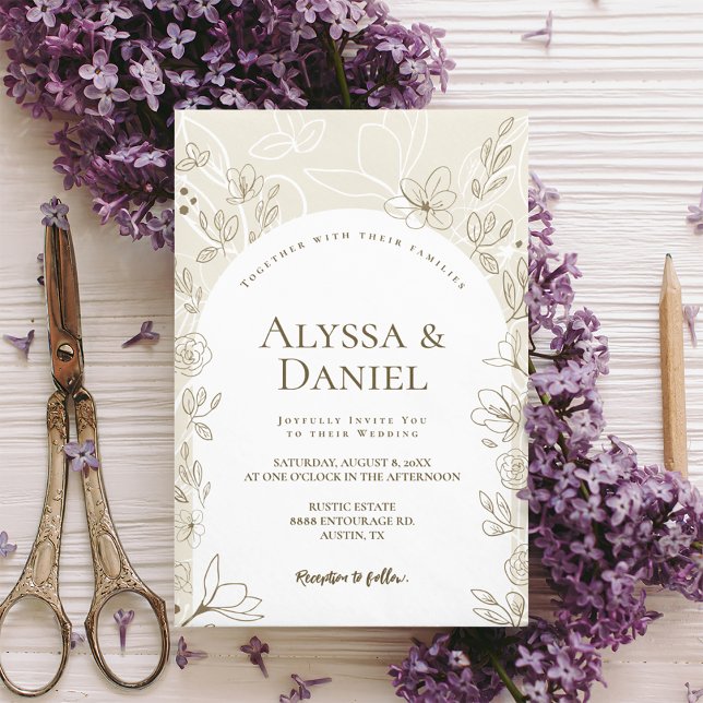 Invitation Arc moderne Neutre Floral Feuille Mariage (Modern minimalist arch Floral leaves Wedding invitation)