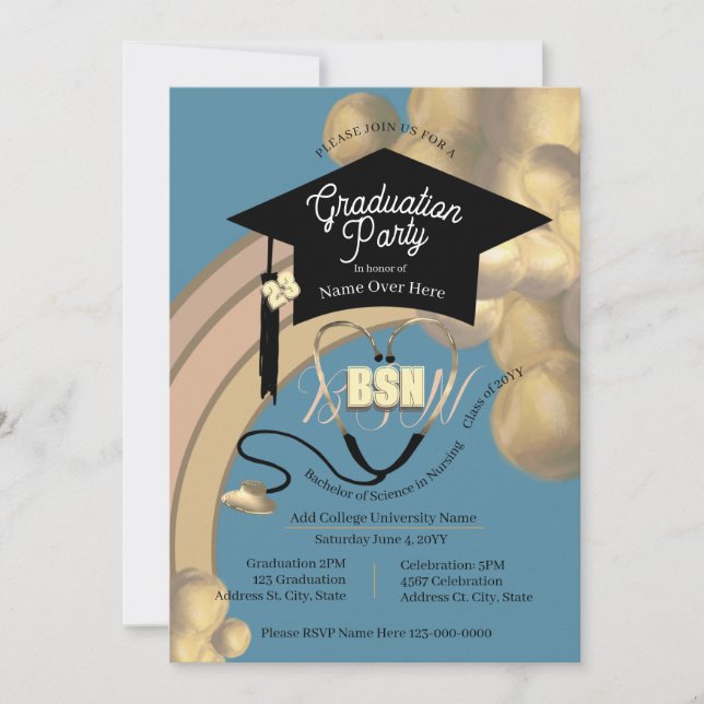 Invitation Arc Neutre Boho Moderne Bleu Infirmière Grad Party (Devant)