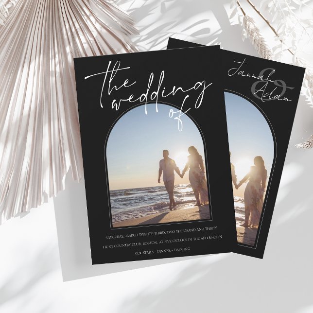Invitation Arc noir blanc moderne Mariage photo initial (Créateur téléchargé)