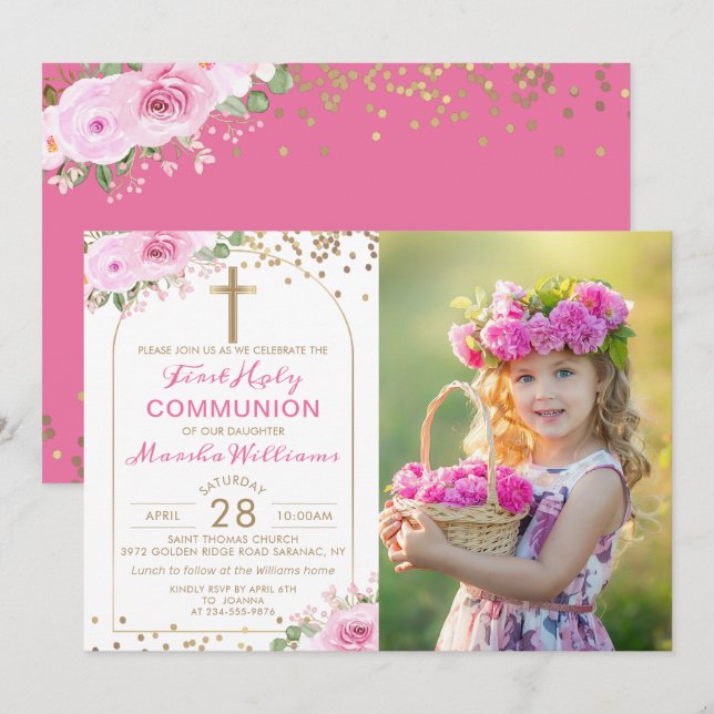 Invitation Arc Or rose Floral Premier Sainte Communion Photo (Devant / Derrière)