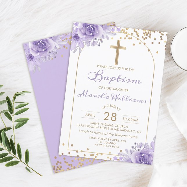 Invitation Arc Parties scintillant or violet Floral Girl Bapt (Créateur téléchargé)