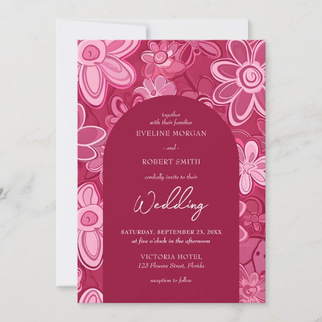 Invitation Arc rétro super magenta rose fleurs boho (Devant)
