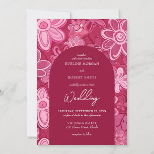 Invitation Arc rétro super magenta rose fleurs boho