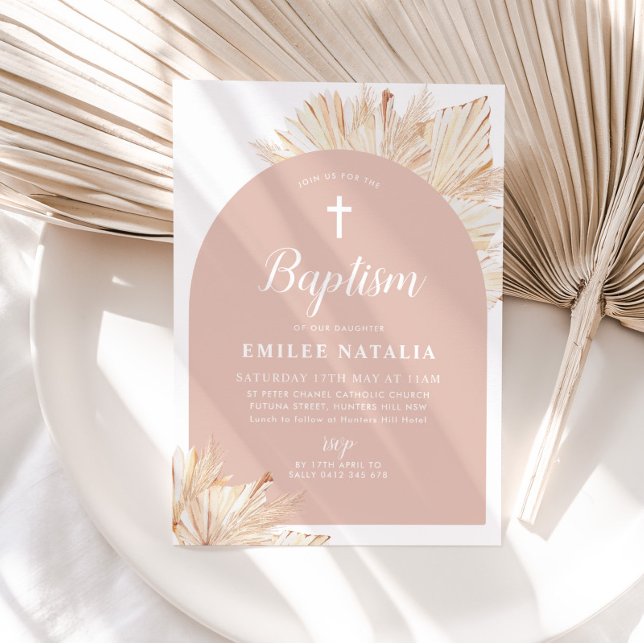 Invitation Arc rose Boho Floral Girls Baptême Christening (Pink Boho Baptism Invitation)
