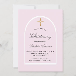 Invitation Arc rose croix or fille simple Christening