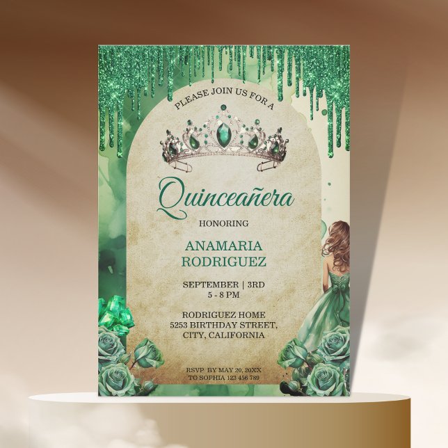 Invitation Arc Rose de Tiara Quinceañera (rustic emerald green tiara)
