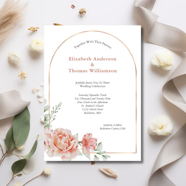 Invitation Arc rose Pêche Floral Bordure Élégant Mariage (Peach Floral Rose Gold Arch Watercolor Greenery Wedding Invitation Elegant Modern)