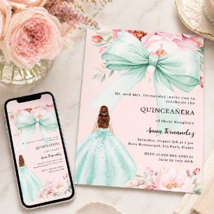 Invitation Arc rose vif floral sage vert robe Quinceanera