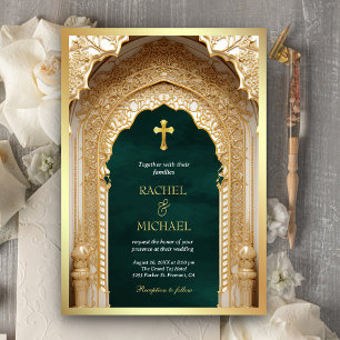 Invitation Arc royal d'or religieux chrétien Mariage vert