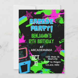 Invitation Arcade Anniversaire Gaming Party Glow Neon 80s