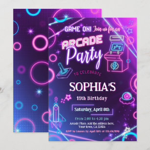Invitation Arcade Neon Fête d'anniversaire