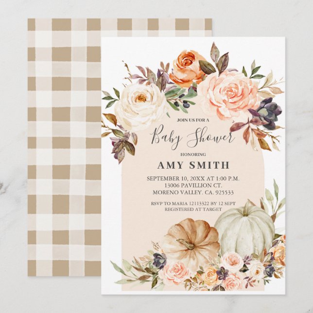 Invitation Arch Boho Citrouille moderne Baby shower Floral  (Devant / Derrière)