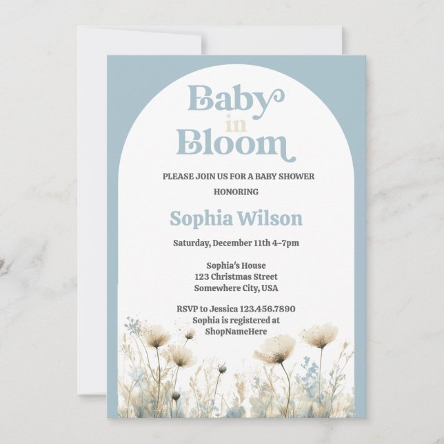 Invitation Arch Dusty Bébé bleu dans le Baby shower en fleur (Devant)