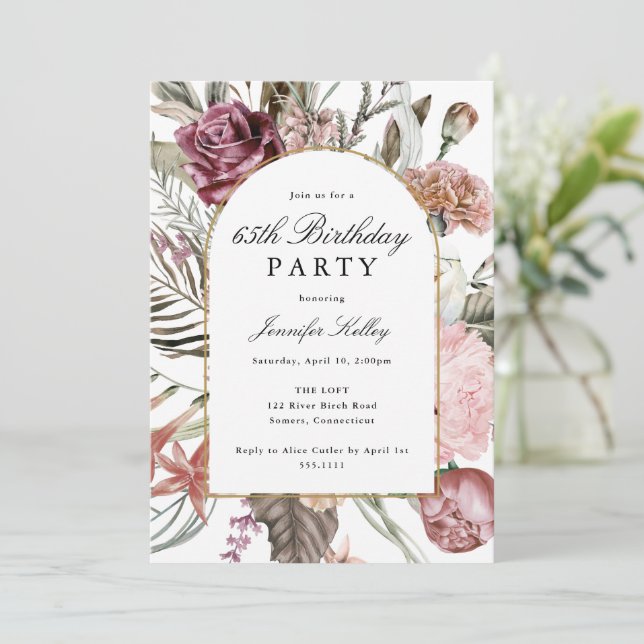 Invitation Arch Frame Botanique Anniversaire Fête Élégante (Debout devant)