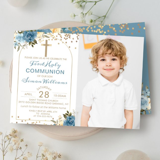 Invitation Arch Gold Dusky Blue Floral First Communal Photo (Créateur téléchargé)